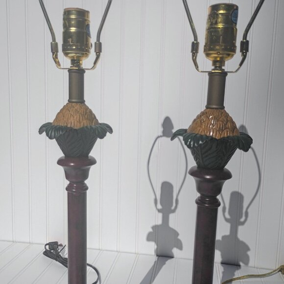 Vtg Pineapple Lamps Coastal Tropical Lamp Pair 3 Way Buffet Table Lightweight - Picture 8 of 17